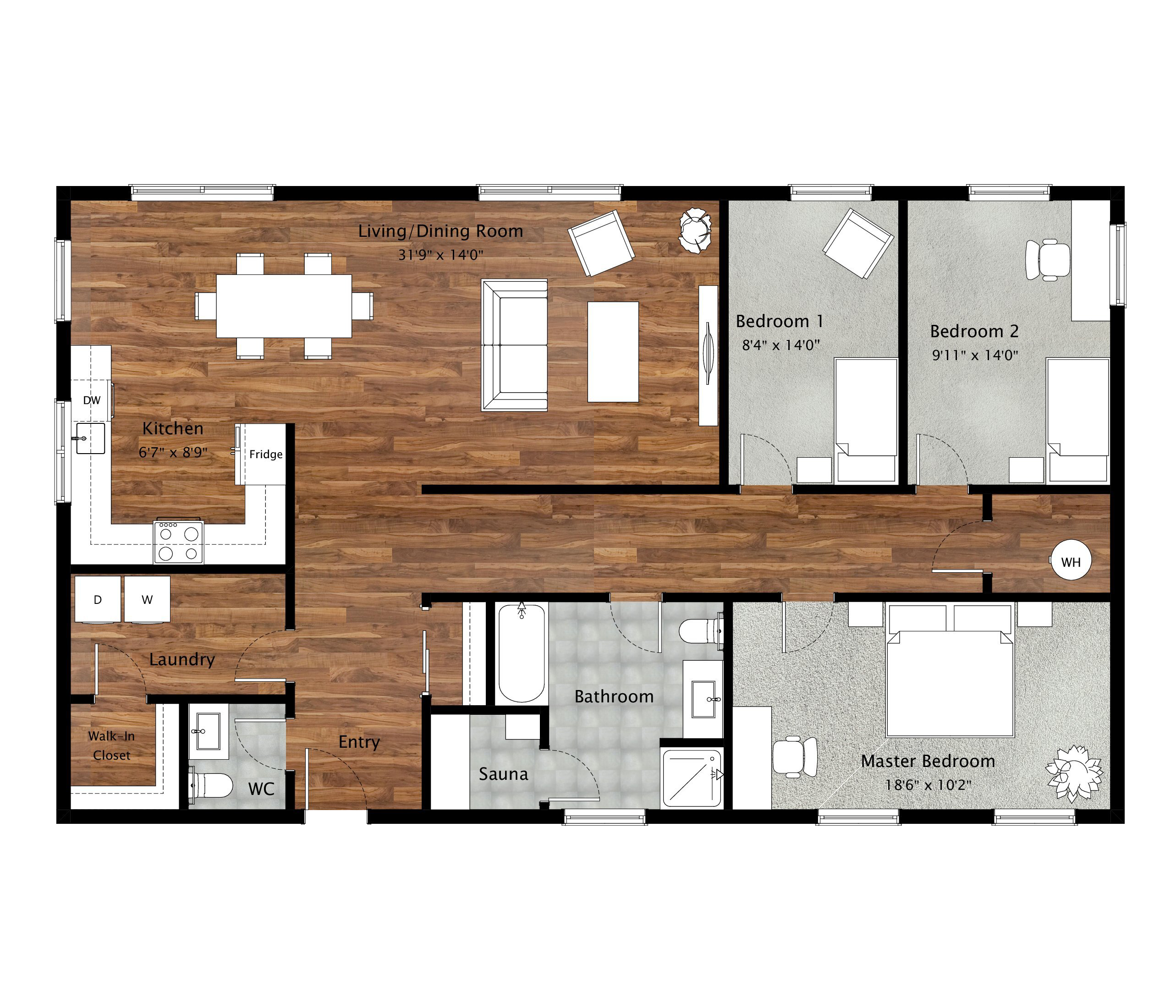 Example 2D floor plan with furniture and textures